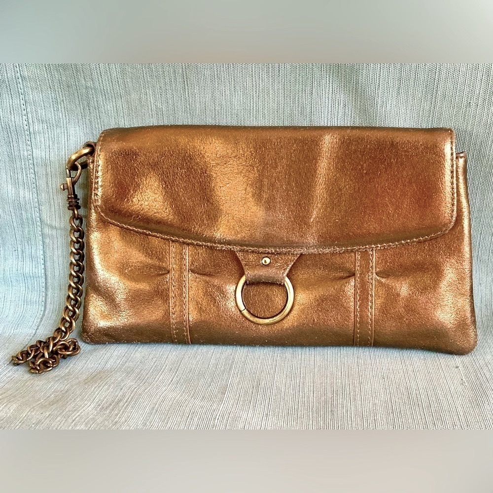EUC Leather bronze clutch with dark gold wrist chain